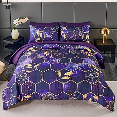 ANGIYUIN 7Pcs Mable Bed in A Bag Purple Gold Queen Comforter Set 3D Geometric Honeycomb Theme Decor Yellow Leaf Bedding Set Modern Foil Print Bed Sets with Comforter and Sheets Purple Queen