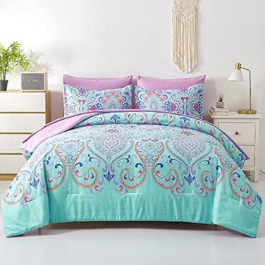 DHSFKBE Twin Comforter Set 5 Piece Bed in a Bag Boho Aqua and Lilac Damask Medallion Print Comforter with Sheets Soft Microfiber Complete Bedding Set for All Season Aqua Twin