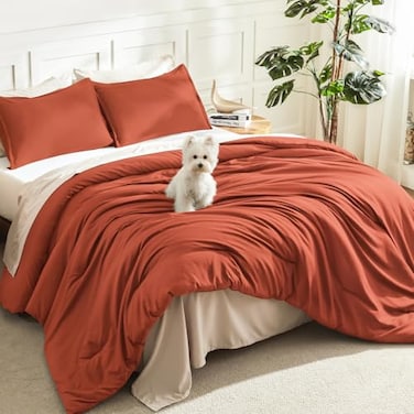 Litanika Burnt Orange California King Comforter Set 3 Pieces Terracotta Cal King Lightweight Soft Solid Bed Comforter Oversized Fluffy Quilt Blanket Bedding Set 104x96In 2 Pillowcases