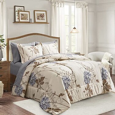 Joyreap 7 Piece Bed in a Bag King Elegant Flower Botanical Smooth Soft Microfiber Floral Comforter Set for All Season 1 Comforter 2 Pillow Shams 1 Flat Sheet 1 Fitted Sheet 2 Pillowcases