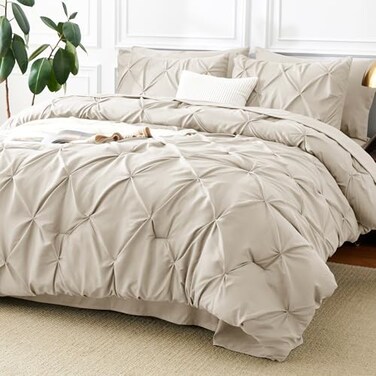 CozyLux Full Size Comforter Sets Beige 7 Pieces Pintuck Bed in A Bag Full All Season Bed Set Gift for Family Pinch Pleat Bedding Sets with Comforter Sheets Pillowcases Shams