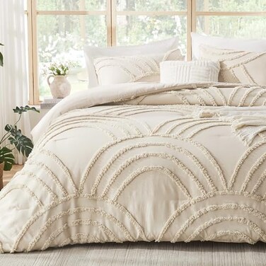 ENJOHOS Boho Comforter Twin Size Neutral Cream Beige Tufted Twin Comforter Sets Fluffy Jacquard Rainbow Arch Bedding for All Season 1 Bed Comforter 1 Pillowsham
