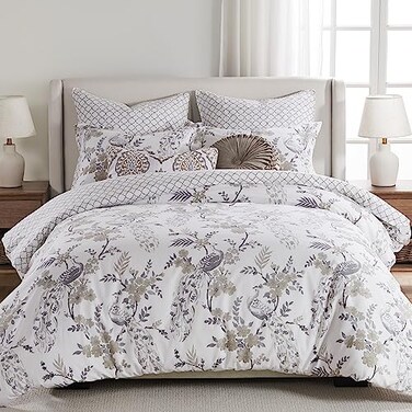 Levtex Home Pisa Reversible FullQueen Comforter Set 90x94in with 2 Pillowcases 26x20in Floral Peacock Grey Taupe 100 Cotton FullQueen Size Comforter Set Soft PreWashed