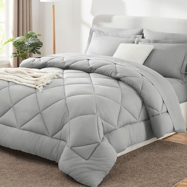 CozyLux Full Size Comforter Sets Light Grey 7 Pieces Bed in a Bag Full Luxury Soft Bed Set for All Seasons Bedding Set with Down Alternative Comforter Sheets Pillowcases Shams