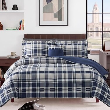 MaiRÃªve MaiRve Full Size Comforter Set Navy Blue Plaid Design Comforter Set 7 Pieces All Season Comfortable Bedding Sets Full Lightweight Soft and Warm Navy Blue Full