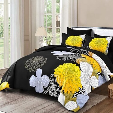 Yiran Bed in a Bag Queen Yellow Black Comforter Set 7 Pieces Soft Microfiber Floral Boho Bedding Set with 1 Comforter 1 Flat Sheet 1 Fitted Sheet 2 Pillowshams 2 Pillowcases