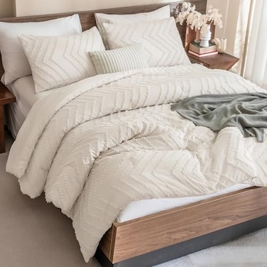 Andency Comforter Full Size Set Beige Boho Cream Soft Warm Tufted Neutral Bedding Comforter Sets for Full Size Bed 3 Pieces Aesthetic Chevron Farmhouse Cute Bohemian Textured Bedding Set