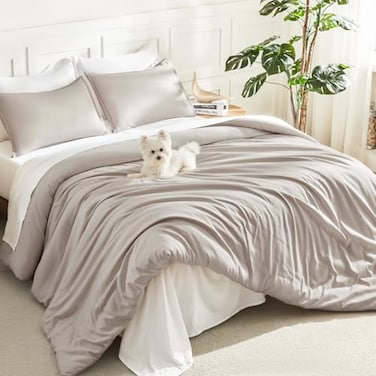 Litanika Linen Grey Comforter Set Queen Size 3 Pieces Lightweight Solid Bedding Comforter Set All Season Fluffy Bed Set 90x90In Comforter 2 Pillowcases