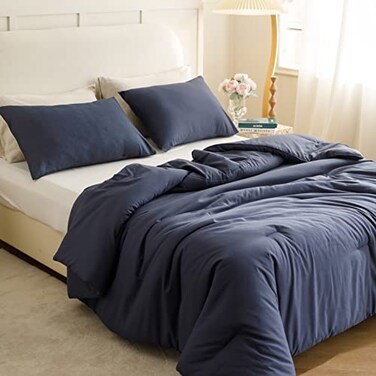 ROSGONIA King Size Comforter Set Navy Blue 3pcs 1 Blue Comforter 2 Pillowcases All Season Bedding Soft Lightweight Bedspread Blanket Quilt