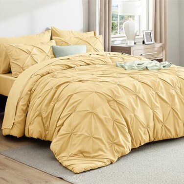 Bedsure Twin Comforter Set Yellow Bed in a Bag Twin Size Bedding 5 Pieces GentleSoft Pintuck Bed Set Gift for Family All Season Down Alternative Comforter with Sheets Pillowcase Sham