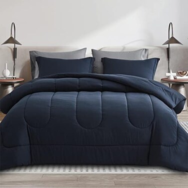 Maple&Stone MapleStone Twin Comforter Set 5 Pieces Bed in a Bag Down Alternative Bed Set with Sheets Pillowcase Sham Soft Reversible Duvet Insert for Twin Bed Navy Dark Grey