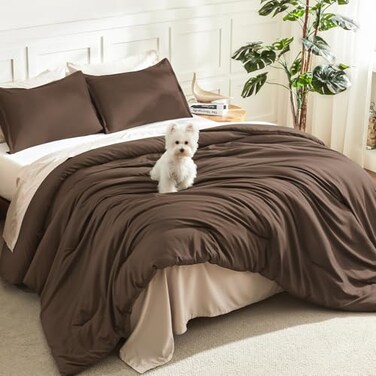 Litanika Brown Comforter Set Queen Size 3 Pieces Lightweight Solid Bedding Comforter Set All Season Fluffy Bed Set 90x90In Comforter 2 Pillowcases