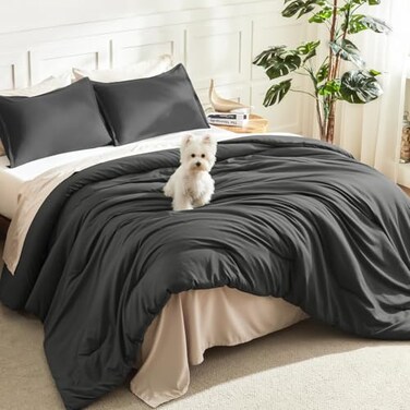 Litanika Grey Comforter Full Set Dark Gray Lightweight Plain Bedding Comforters Sets All Season Fluffy Bed Set 79x90In Comforter 2 Pillowcases