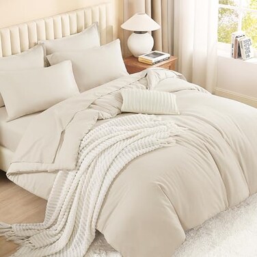 Litanika Bed in a Bag Queen Beige 7 Pieces Queen Comforter Set Bedding Comforter Sets Solid Fluffy Bed Set with Comforter Sheets Pillowcases Shams