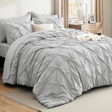 Bedsure Twin Comforter Set Light Grey Bed in a Bag Twin Size Bedding 5 Pieces GentleSoft Pintuck Bed Set Gift for Family All Season Down Alternative Comforter with Sheets Pillowcase Sham
