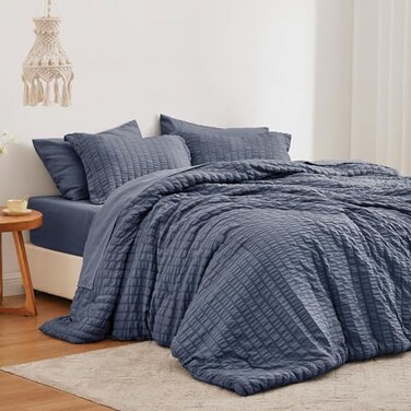 Love's cabin Loves cabin Seersucker Navy Blue Queen Comforter Set 7Piece All Season Lightweight Bed in a Bag Bedding Set with Comforter Flat Sheet Fitted Sheet Pillowcases and Shams
