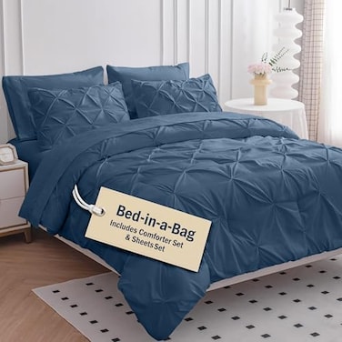LANE LINEN Queen Comforter Set of 7 Piece Pintuck Stitch Design Bedding with 1 Comforter 1 Flat Sheet 1 Fitted Sheet 2 Pillowcases 2 Shams Soft Warm Cozy Bedding Collection Navy Blue