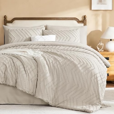 Litanika King Size Comforter Set with Sheets Beige 7 Pieces Bed in a Bag King Chevron Tufted Boho Luxury Bedding Sets with Comforter Sheets Pillowcases Shams