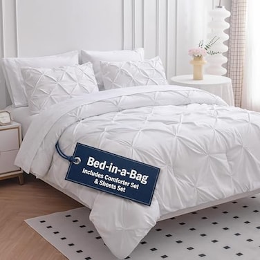 LANE LINEN King Size Comforter Set 7 Piece Luxury Pintuck King Bed in a Bag Set 1 Comforter 1 Flat Sheet 1 DeepPocket Fitted Sheet 2 Pillowcases 2 Shams Warm Cozy Hotel Quality White