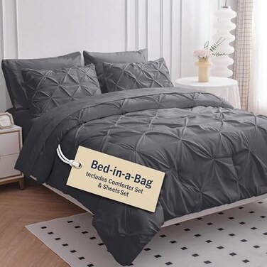 LANE LINEN Queen Comforter Set 7 Pc Bed in a Bag Ultra Smooth Microfiber All Season Queen Comforter Set with Sheets Pillowcases Shams Very Soft Bedding for Daily Sleep Grey