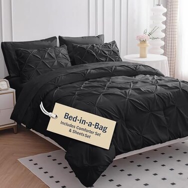 LANE LINEN 7 PCs Comforter Sets Queen Size Hotel Style Queen Comforter Set with Sheets AllSeason Puffy Trendy Design Deep Pocket Sheets Pillowcases Shams Durable Queen Bed Set Black