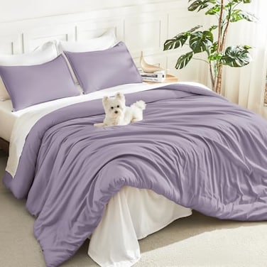 Litanika Grayish Lavender Purple Comforter Set King Size 3 Pieces Lightweight Solid Bedding Comforter Set All Season Fluffy Bed Set 104x90In Comforter 2 Pillowcases
