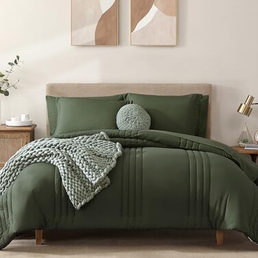 Monbix Queen Comforter Set 7 Pieces Olive Green Bed in a Bag Queen Bedding Sets with Comforters All Seasons Comforter Bed Set with Sheets Pillowcases Shams