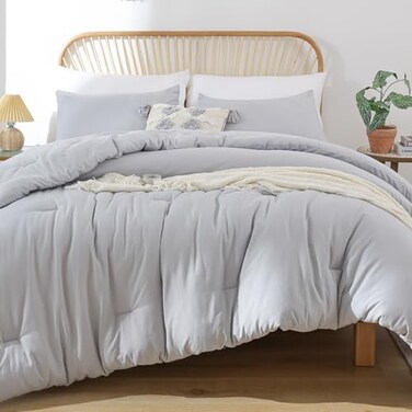 ROSGONIA Gray Comforter Set Queen 3pcs1 Boho Light Grey Comforter 2 Pillowcases All Season Soft Bedding Lightweight Bedspread Blanket Quilt