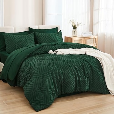 Andency King Size Comforter Set 7 Pieces Dark Emerald Green Bed in a Bag King Boho Lightweight Fluffy Tufted Bedding Comforter Sets with Quilt Comforter Sheets Pillowcases Shams