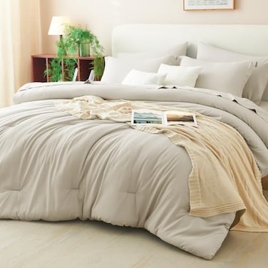 CozyLux Queen Comforter Set Beige 7 Pieces Bed in a Bag Queen Comforter Set with Sheets Soft Bedding Sets with Down Alternative Comforter Sheets Pillowcases Shams Bed Set Gift for All Seasons