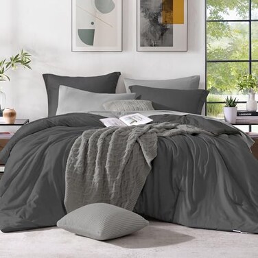 Monbix Queen Comforter Set 7 Pieces Cationic Dyeing Dark Grey Bed in a Bag Queen Bedding Sets with Comforter Sheets Pillowcases Shams Reversible Bedding Comforters Sets