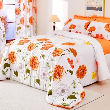 EVENHUG Queen Comforter Set 7 Pieces Reversible Queen Size Comforters for All Season Orange Sunflower Floral Bedding Sets Bed in a Bag with Flat Sheet and Fitted SheetPillowcases Shams 88x88