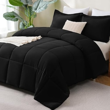 CozyLux Queen Comforter Set Black 270GSM 3 Pieces Box Stitched Comforters Queen Size Soft Bed Set for All Seasons Lightweight Bedding Sets with 1 Down Alternative Comforter and 2 Pillow Shams