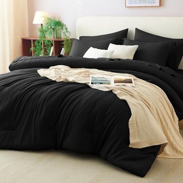 CozyLux Queen Comforter Set Black 7 Pieces Bed in a Bag Queen Comforter Set with Sheets Soft Bedding Sets with Down Alternative Comforter Sheets Pillowcases Shams Bed Set Gift for All Seasons