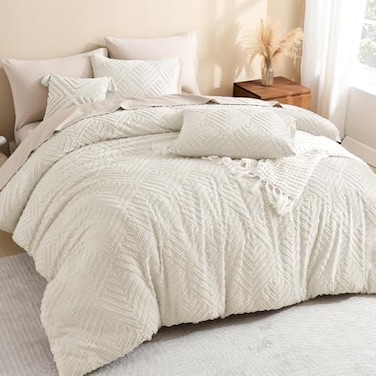 Litanika Beige Full Comforter Set 3 Pieces Cream Tufted Boho Farmhouse Bedding Comforter Sets Lightweight Fluffy Comforter Bed Set for All Season 79x90In Comforter and 2 Pillowcases