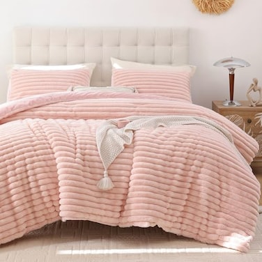 Smoofy Fluffy Queen Size Comforter Set 3 Pieces Blush Pink Fleece Fluffy Comforter Set Luxury Fuzzy Queen Bedding Soft Warm Queen Bed Set All Season Heavy Faux Fur Comforter with 2 Pillow Cases