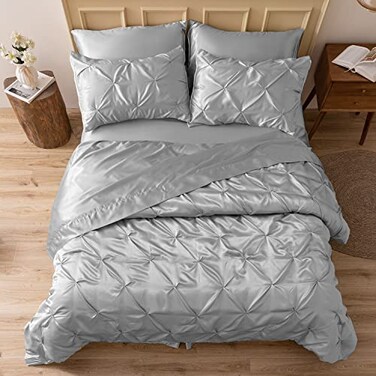MR&amp;HM MRHM Satin Comforter Twin 5 Pieces Luxurious Pinch Pleat Bedding Set with Comforter Flat Sheet Fitted Sheet Pillowcase Sham Super Silky Soft Bed Set for All Season Twin Silver Grey