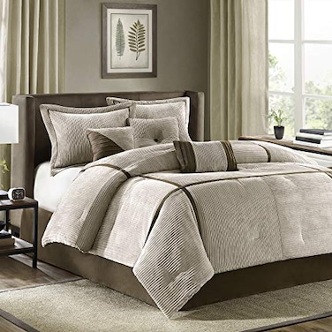 Madison Park Cozy Comforter Set Casual Blocks Design All Season Matching Bed Skirt Decorative Pillows Queen90x90 Dallas Corduroy Taupe Brown 7 Piece