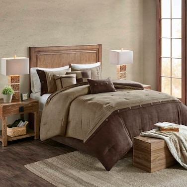 Madison Park Boone Cozy Comforter Set Faux Suede Deluxe Hotel Styling All Season Down Alternative Bedding Matching Shams Decorative Pillow King 104 in x 92 in Rustic Brown 7 Piece