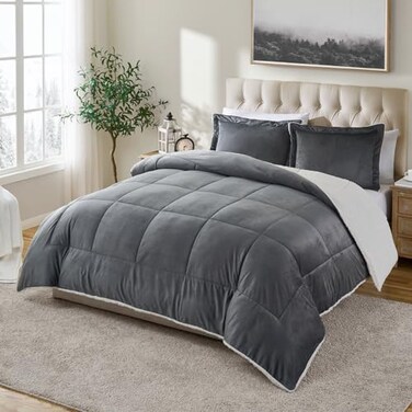 Cathay Home Queen Comforter Set Ultra Soft and Plush Reversible Micromink and Sherpa 3Piece Bedding Set Pewter Queen 90 x 90