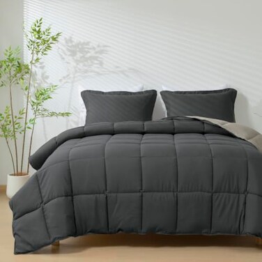 HIG 3pc Grey Queen Size Comforter Set All Season Reversible Down Alternative Comforter with Two Shams Quilted Duvet Insert with Corner Tabs Box Stitched Blanket Breathable Soft