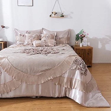 Tache Home Tache Satin Silky Lustrous Floral Lace Ruffle Sweet Victorian Royal Glam Champagne Beige Down Alternative 6pc Comforter Set California King