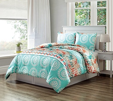 Grand Linen 3 Piece Queen Size Comforter Set in Turquoise Blue Orange and White in Geometric Art Pleated Design All Season Down Alternative Lightweight Comforter with Shams Perfect for Any Bed