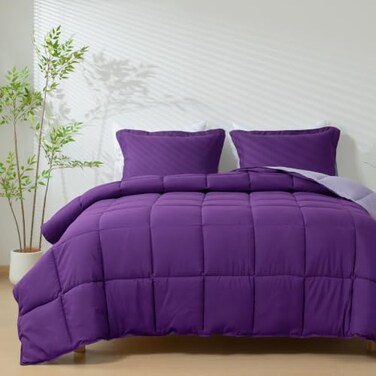HIG 3pc Down Alternative Comforter Set All Season Reversible Comforter with Two Shams Quilted Duvet Insert with Corner Tabs Box Stitched Super Soft Fluffy FullQueen Purple