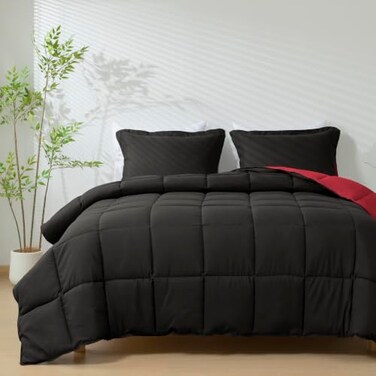 HIG 3pc Down Alternative Comforter Set All Season Reversible Comforter with Two Shams Quilted Duvet Insert with Corner Tabs Box Stitched Super Soft Fluffy KingCal King Black