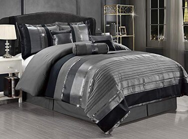 Grand Linen 7Piece Cal King Chenille Comforter Set GreySilver Stripe