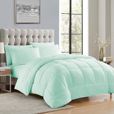 Sweet Home Collection 7 Piece Comforter Set Bag Solid Color All Season Soft Down Alternative Blanket Luxurious Microfiber Bed Sheets Mint Twin XL