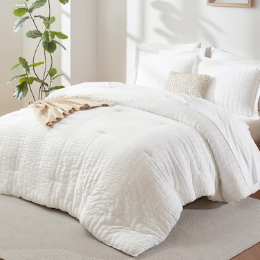 CozyLux King Size Comforter Set White 7 Pieces Seersucker Textured Luxury Bed in a Bag All Seasons Soft Bedding Sets with Down Alternative Comforter Sheets Pillowcases Shams Home Gift