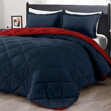 downluxe Queen Comforter Set Red and Navy Queen Comforter Soft Bedding Sets for All Seasons 3 Pieces 1 Comforter 88x92 and 2 Pillow Shams20x26