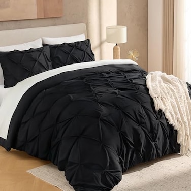 Andency Black Pinch Pleat Comforter Full79x90Inch 3 Pieces1 Pintuck Comforter and 2 Pillowcases Pintuck Bed Set Microfiber Down Alternative All Season Bedding Set